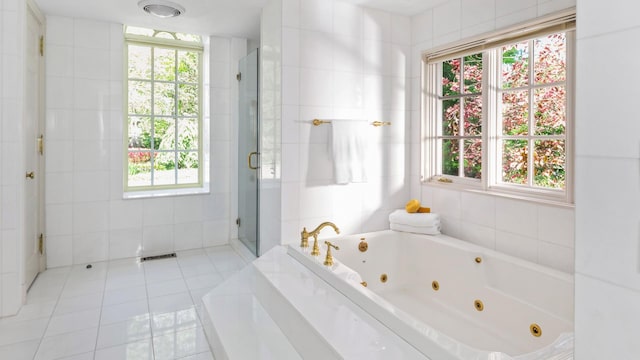 3 Pin Oak Ct, Old Brookville, NY 11545 - full bath with a shower stall, tile patterned floors, a tub with jets, and tile walls
