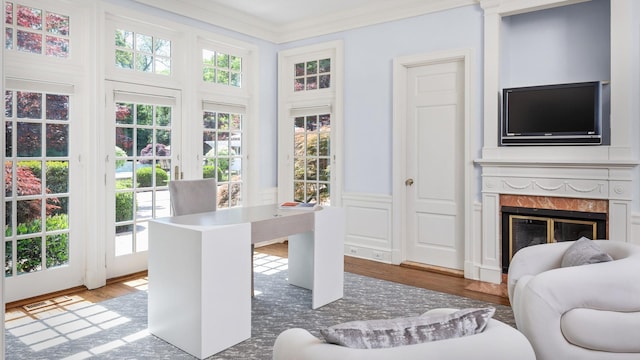 3 Pin Oak Ct, Old Brookville, NY 11545 - office space featuring crown molding, a decorative wall, wood finished floors, healthy amount of natural light, and a wainscoted wall
