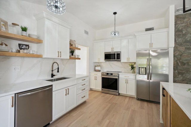 kitchen with decorative backsplash, open shelves, a sink, visible vents, and stainless steel appliances