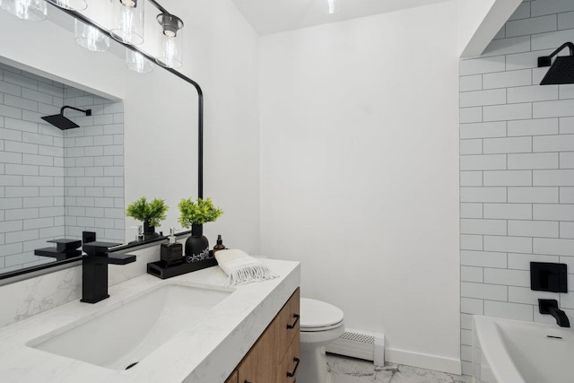 full bathroom with a baseboard radiator, marble finish floor, shower / bathing tub combination, toilet, and vanity