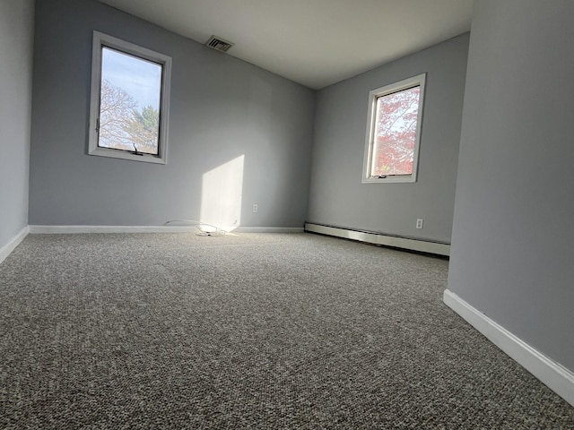 carpeted spare room with baseboards, visible vents, and baseboard heating