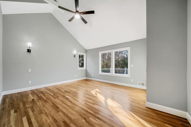 unfurnished living room with light wood finished floors, visible vents, baseboards, high vaulted ceiling, and ceiling fan