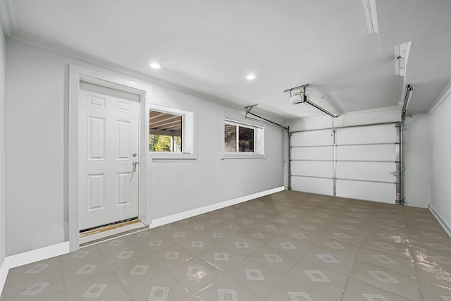 garage with recessed lighting, baseboards, and a garage door opener