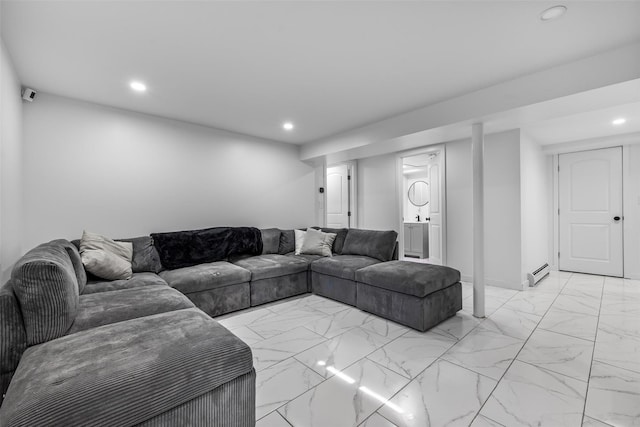 18 Mcbride Pl, Goshen, NY 10924 - living room with recessed lighting, light marble finish floors, and a baseboard radiator
