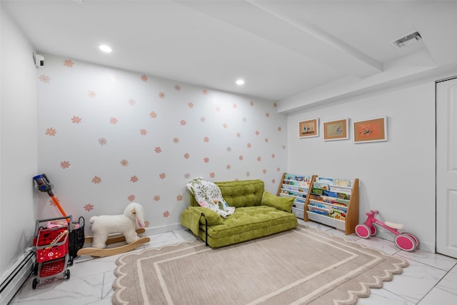 18 Mcbride Pl, Goshen, NY 10924 - game room featuring a baseboard radiator, marble look tiles, and recessed lighting