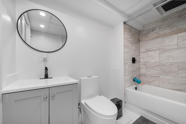 18 Mcbride Pl, Goshen, NY 10924 - bathroom featuring vanity, shower / washtub combination, recessed lighting, and marble look tile flooring