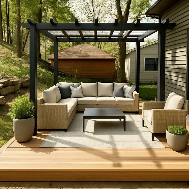 18 Mcbride Pl, Goshen, NY 10924 - view of patio / terrace featuring an outdoor hangout area, a wooden deck, and a pergola