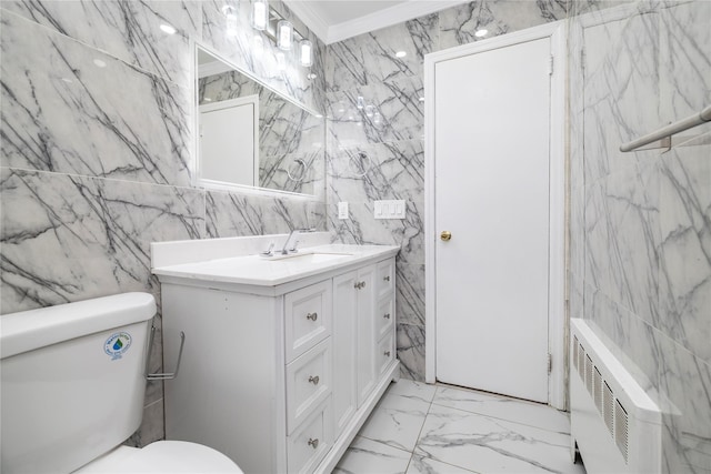 bathroom featuring toilet, vanity, tile walls, and marble finish floor