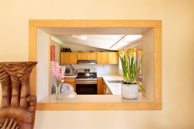 kitchen with a sink, white microwave, lofted ceiling, gas stove, and under cabinet range hood