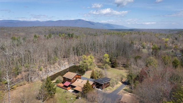 aerial view with a mountain view and a view of trees