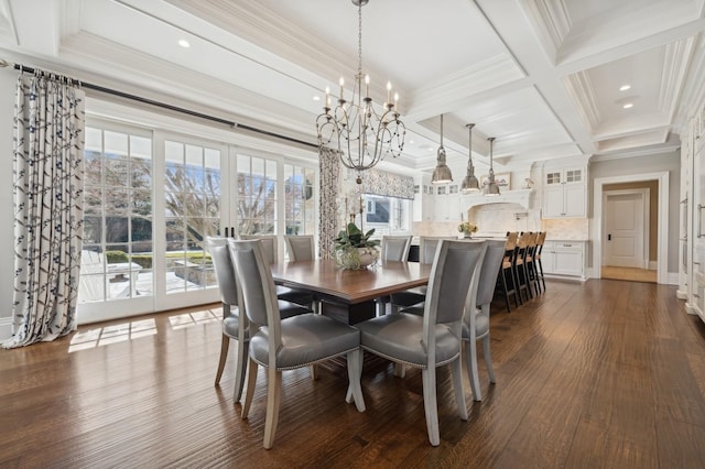dining room with coffered ceiling, ornamental molding, a chandelier, and beamed ceiling