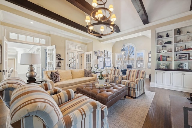 living room featuring dark wood-style floors, an inviting chandelier, recessed lighting, beamed ceiling, and ornamental molding