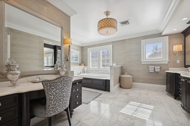 bathroom featuring crown molding, a garden tub, marble finish floor, and a healthy amount of sunlight