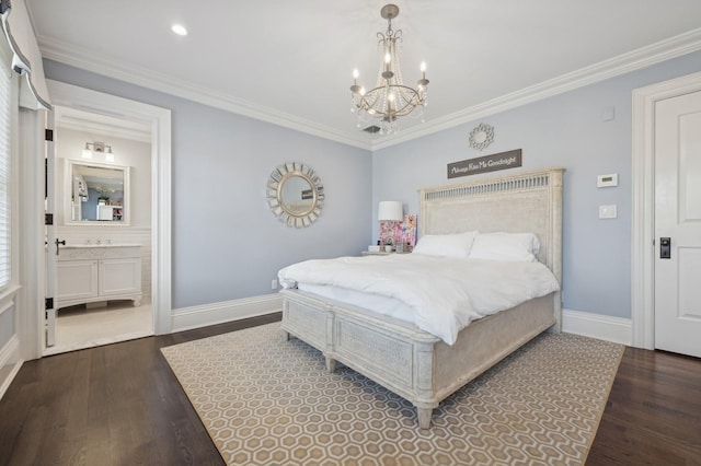 bedroom with a notable chandelier, baseboards, and dark wood-style flooring