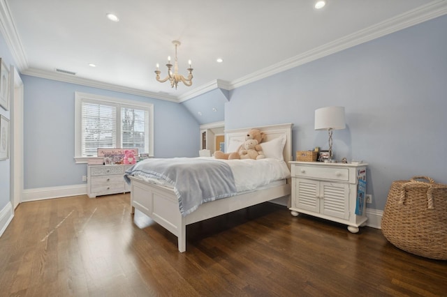 bedroom featuring baseboards, a notable chandelier, dark wood-type flooring, and visible vents
