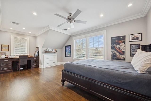 bedroom with recessed lighting, dark wood-style flooring, crown molding, visible vents, and baseboards