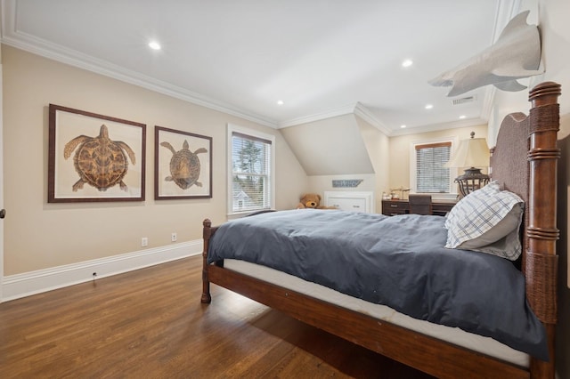 bedroom with wood finished floors, recessed lighting, and ornamental molding