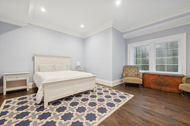 bedroom with recessed lighting, crown molding, baseboards, and dark wood-style flooring
