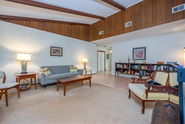 14 Wesley Ct, Congers, NY 10920 - carpeted living room with beamed ceiling, tile patterned floors, and a towering ceiling