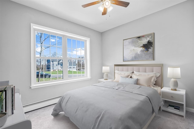 12 Hill Rd, Washingtonville, NY 10992 - carpeted bedroom featuring a ceiling fan, multiple windows, baseboards, and a baseboard radiator