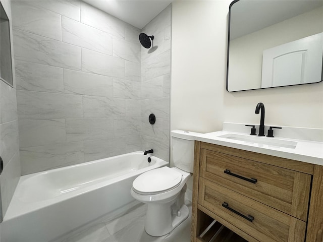 bathroom with marble finish floor, toilet, vanity, and bathing tub / shower combination