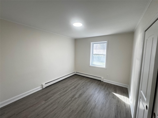 unfurnished room featuring a baseboard radiator, dark wood-style flooring, ornamental molding, and baseboards