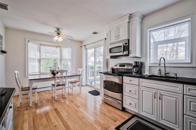 5 Cottonwood Ave, Port Jefferson Station, NY 11776 - kitchen featuring light wood-style flooring, a sink, visible vents, decorative backsplash, and appliances with stainless steel finishes