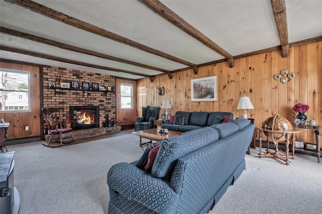 5 Cottonwood Ave, Port Jefferson Station, NY 11776 - living room with beamed ceiling, wood walls, and carpet floors
