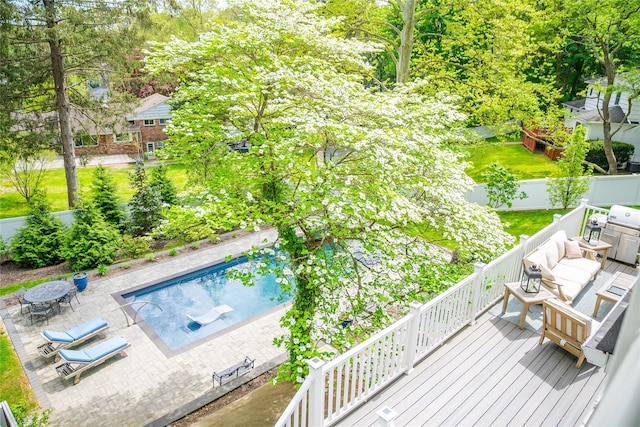 2 Spring Hollow Rd, Centerport, NY 11721 - wooden terrace featuring a patio, a fenced backyard, an outdoor living space, and grilling area