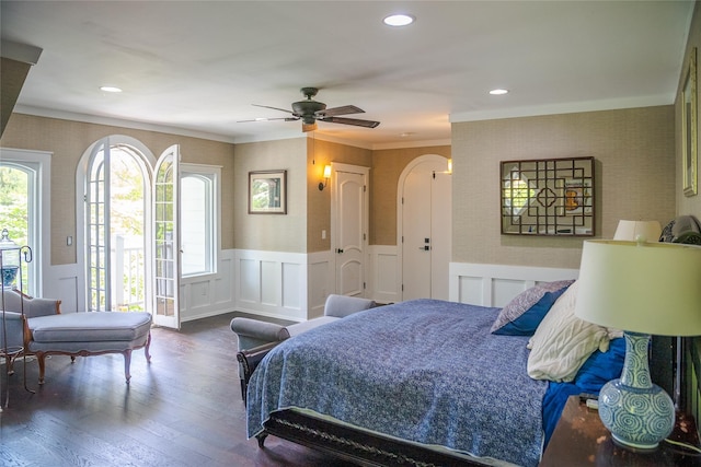 2 Spring Hollow Rd, Centerport, NY 11721 - bedroom with wood-type flooring, access to exterior, wainscoting, recessed lighting, and a decorative wall
