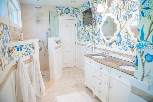 2 Spring Hollow Rd, Centerport, NY 11721 - bathroom with wallpapered walls, walk in shower, double vanity, and tile patterned flooring