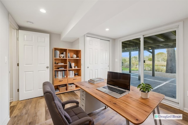 office space featuring recessed lighting and light wood finished floors