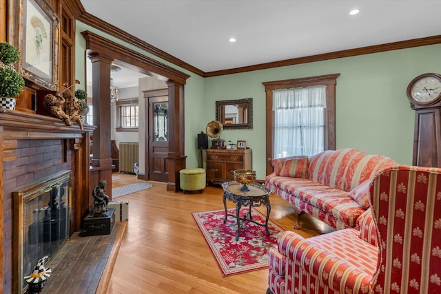 living room with radiator, a healthy amount of sunlight, crown molding, and light wood-type flooring