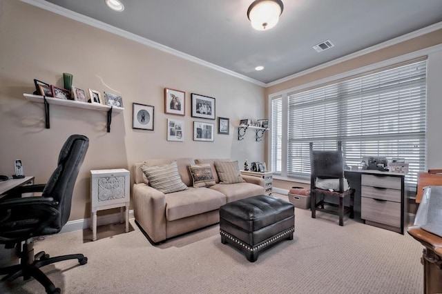 carpeted home office with recessed lighting, visible vents, crown molding, and baseboards