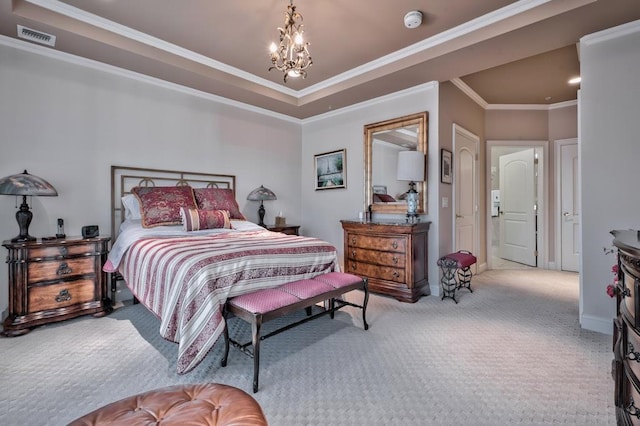 bedroom featuring baseboards, visible vents, carpet, a chandelier, and crown molding