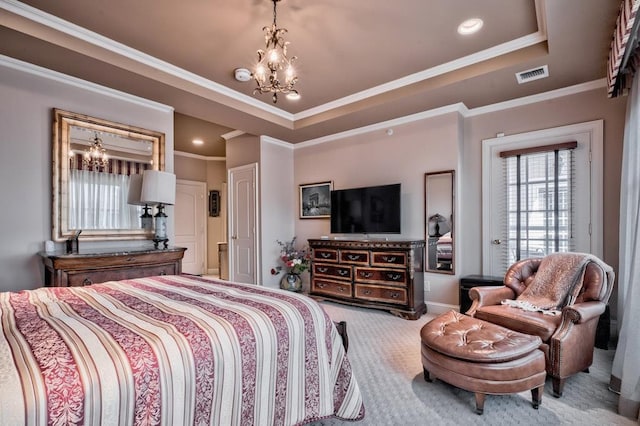 bedroom with multiple windows, a chandelier, and visible vents
