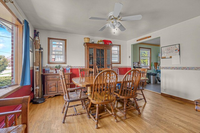 dining space with a ceiling fan and light wood-style flooring