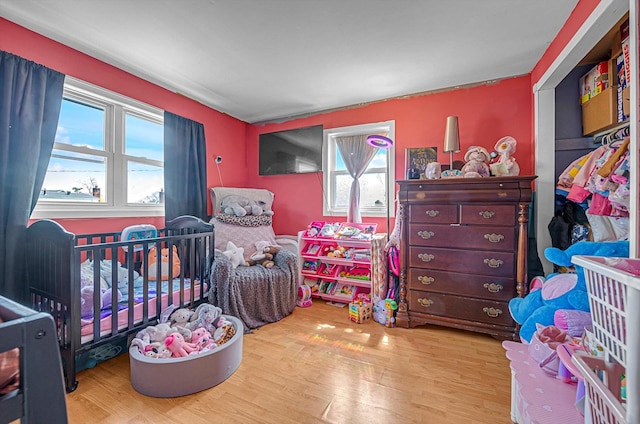 bedroom featuring wood finished floors and multiple windows