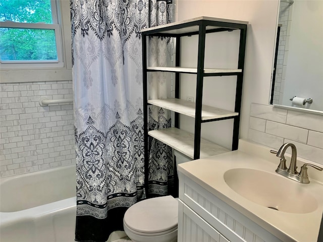 781 Pine Island Tpke, Warwick, NY 10990 - full bathroom with shower / bath combo with shower curtain, toilet, tasteful backsplash, and vanity