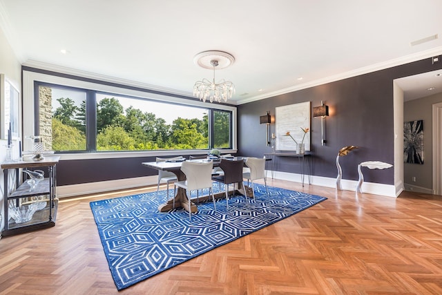 dining space with an inviting chandelier, crown molding, baseboards, and recessed lighting