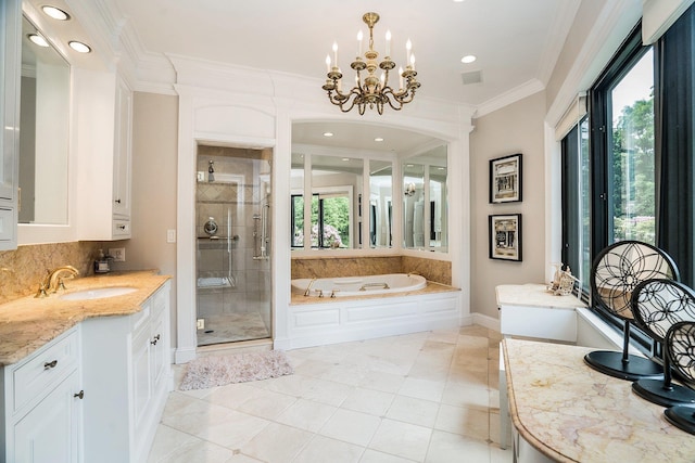full bath featuring a garden tub, crown molding, a shower stall, decorative backsplash, and vanity