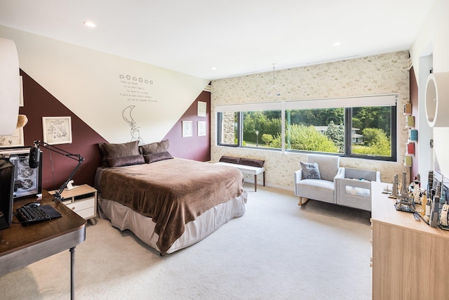 bedroom featuring light carpet and recessed lighting