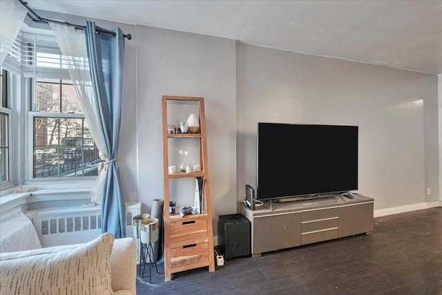 living area featuring baseboards, radiator heating unit, and dark wood-style floors