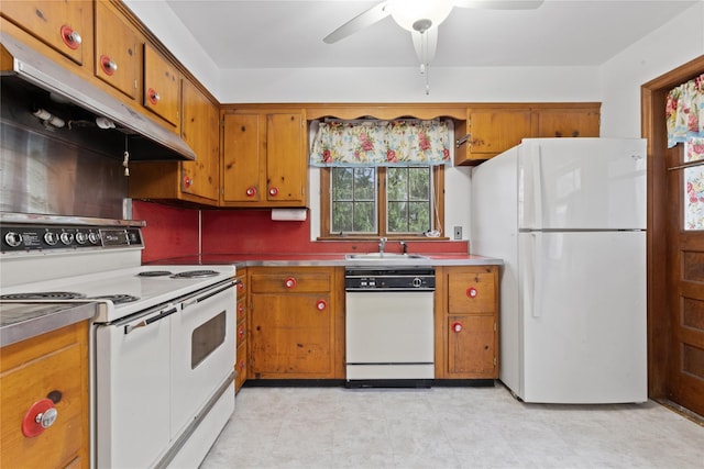 12 Brundage St, Armonk, NY 10504 - kitchen featuring stainless steel counters, brown cabinetry, a ceiling fan, and white appliances