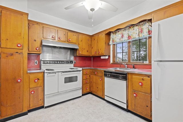 12 Brundage St, Armonk, NY 10504 - kitchen featuring brown cabinets, a sink, stainless steel countertops, white appliances, and under cabinet range hood