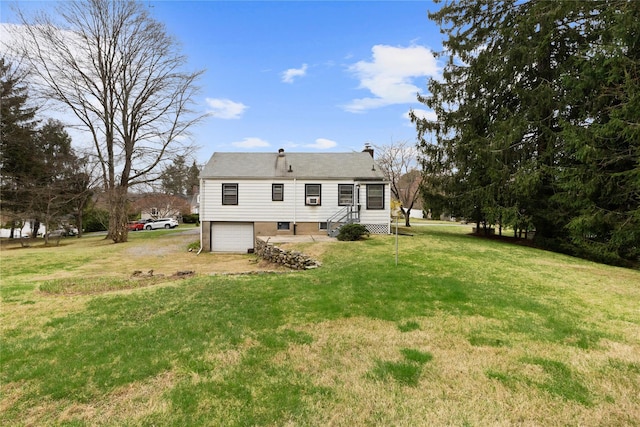 12 Brundage St, Armonk, NY 10504 - rear view of property featuring a lawn, a garage, driveway, and a chimney