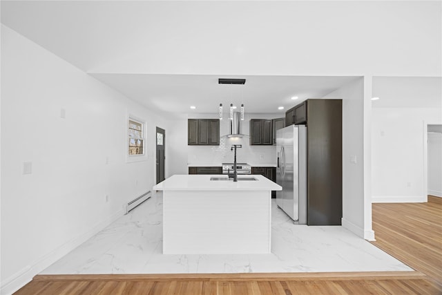 338 Rte 211 W, Middletown, NY 10940 - kitchen featuring a baseboard heating unit, baseboards, wall chimney exhaust hood, stainless steel refrigerator with ice dispenser, and marble finish floor