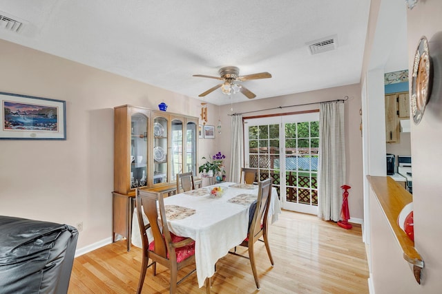 dining room with visible vents, a ceiling fan, light wood finished floors, and baseboards