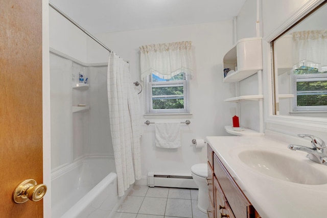 full bath with toilet, tile patterned floors, a healthy amount of sunlight, and a baseboard radiator