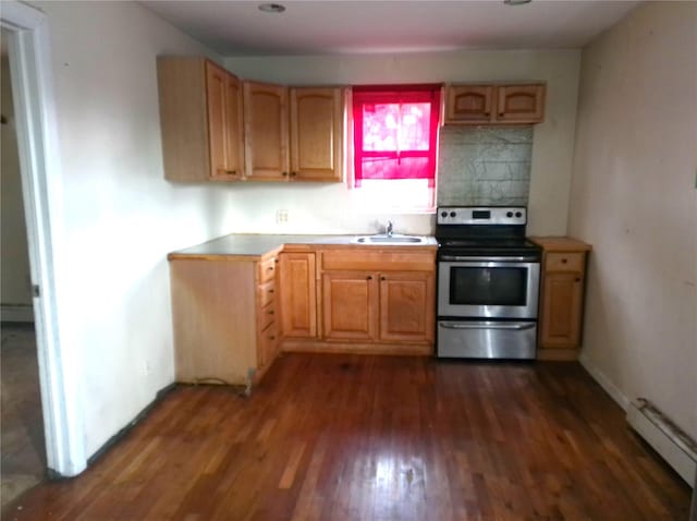 16739 147th Ave, Springfield Gardens, NY 11434 - kitchen with dark wood finished floors, light countertops, a sink, tasteful backsplash, and electric range